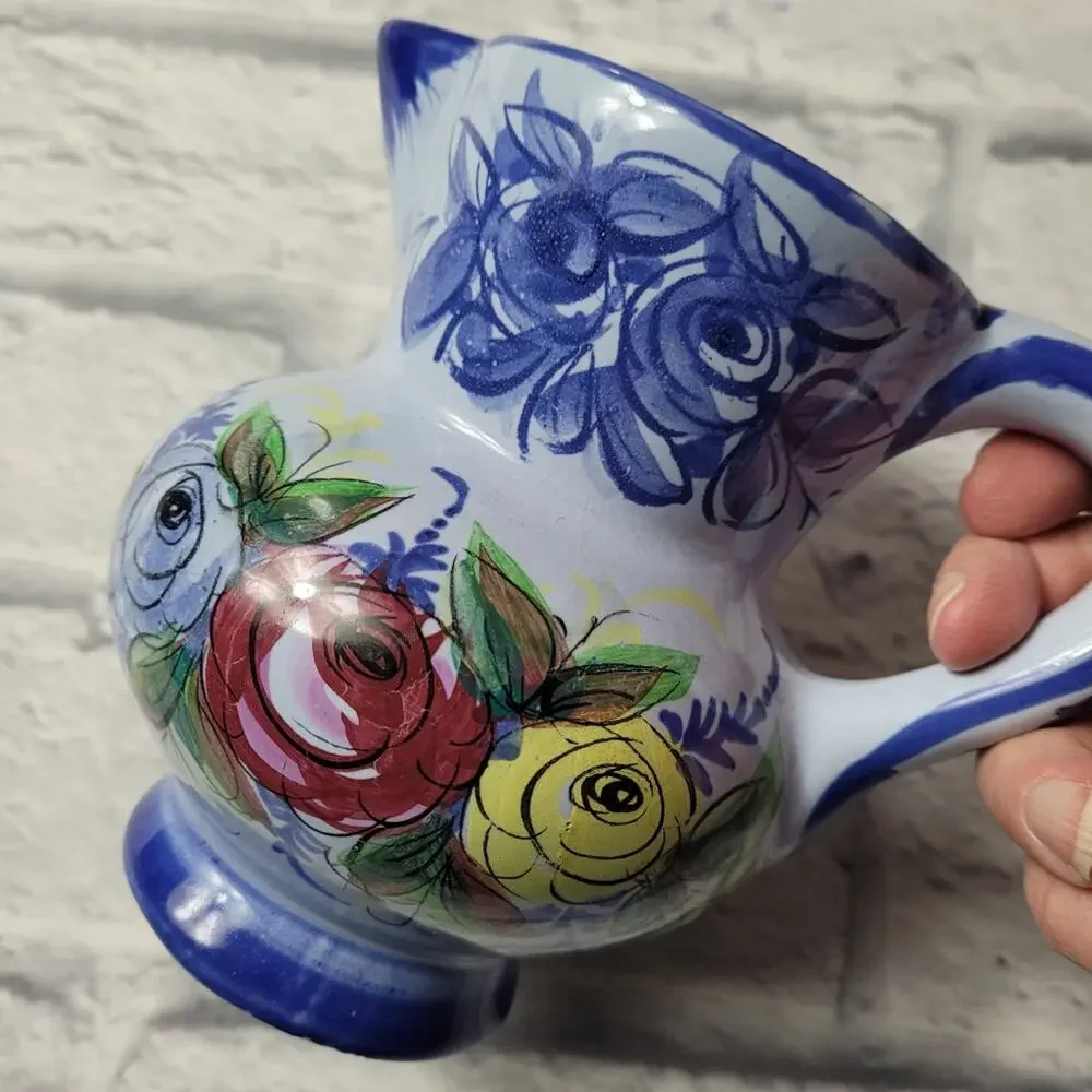 Vestal Alcobaca Signed & Numbered Small Blue Floral Pitcher made in Portugal 5